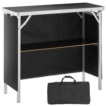 Black folding table with aluminum frame and wooden shelf, includes convenient carry bag for easy transport.