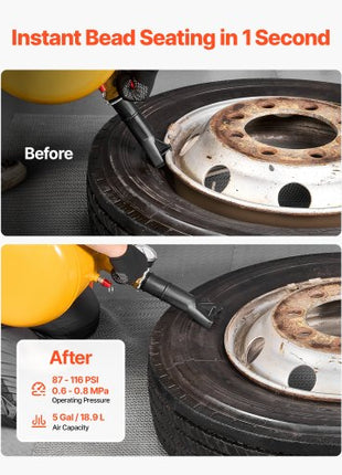 Air Tire Bead Seater, 5 Gal / 18.9 L, Heavy Duty Tire Bead Blaster Tool, 87-116 PSI Operating Pressure, Air Trigger Seating Inflator for Pickup, Truck, ATV, Jeep, Van, Lawn Tractor, RV, Yellow
