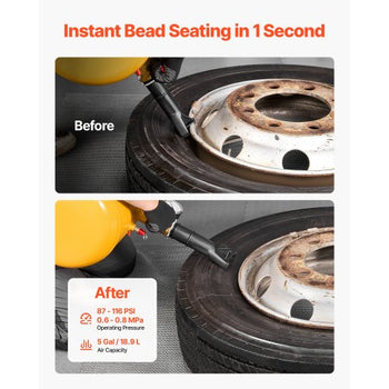 Air Tire Bead Seater, 5 Gal / 18.9 L, Heavy Duty Tire Bead Blaster Tool, 87-116 PSI Operating Pressure, Air Trigger Seating Inflator for Pickup, Truck, ATV, Jeep, Van, Lawn Tractor, RV, Yellow