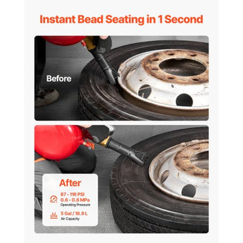 Air Tire Bead Seater, 5 Gal / 18.9 L, Heavy Duty Tire Bead Blaster Tool, 87-116 PSI Operating Pressure, Air Trigger Seating Inflator for Pickup, Truck, ATV, Jeep, Van, Lawn Tractor, RV, Red