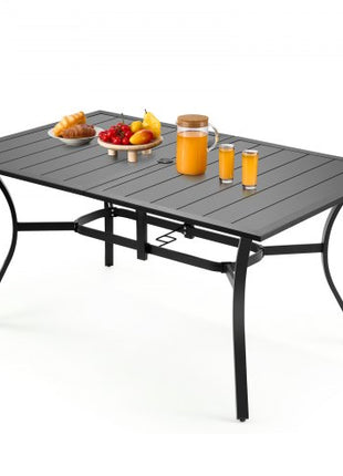 Outdoor Patio Dining Table, 59 inch Long Rectangular Metal Steel Slat Backyard Bistro Tables for 4-6, with 1.5 in Umbrella Hole, All-Weather Large Furniture for Lawn Garden Porch, Black