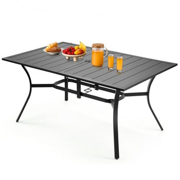 Outdoor Patio Dining Table, 59 inch Long Rectangular Metal Steel Slat Backyard Bistro Tables for 4-6, with 1.5 in Umbrella Hole, All-Weather Large Furniture for Lawn Garden Porch, Black