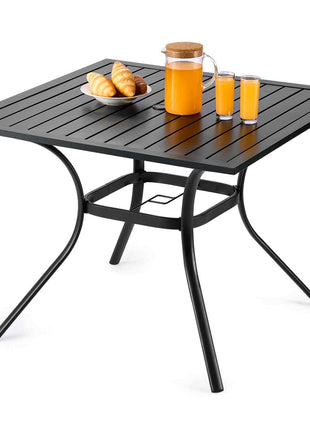 Outdoor Patio Dining Table, 37 inch Square Metal Steel Slat Backyard Bistro Tables, with 1.5 in Umbrella Hole, Outside All-Weather Large Furniture for Lawn Garden Porch, Black