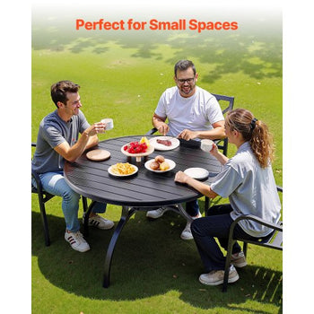 Outdoor Patio Dining Table, 47 inch Round Metal Steel Slat Backyard Bistro Tables, with 1.5 in Umbrella Hole, Outside All-Weather Large Furniture for Lawn Garden Porch, Black