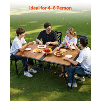 Outdoor Patio Dining Table, 59 inch Long Rectangular Wood-Like Steel Slat Backyard Bistro Tables for 4-6,  with 1.5 in Umbrella Hole, All-Weather Large Furniture for Lawn Garden Porch, Brown