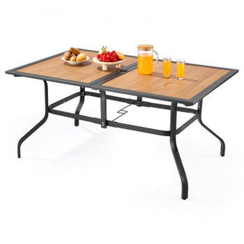 Outdoor Patio Dining Table, 59 inch Long Rectangular Wood-Like Steel Slat Backyard Bistro Tables for 4-6,  with 1.5 in Umbrella Hole, All-Weather Large Furniture for Lawn Garden Porch, Brown