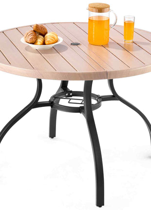 Outdoor Patio Dining Table, 41 inch Round Wood-Like Steel Slat Backyard Bistro Coffee Tables for 4, with 1.5 in Umbrella Hole, Outside All-Weather Large Furniture for Lawn Garden Porch, Gray