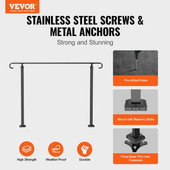 Handrails for Outdoor Steps, Fit 3-5 Steps Outdoor Stair Railing, Wrought Iron Handrail, Flexible Front Porch Hand Rail, Black Transitional Hand railings for Concrete Steps or Wooden Stairs