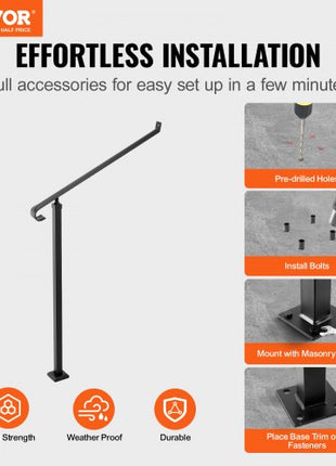 Handrails for Outdoor Steps 1-2 Step Railings Wrought Iron Handrail Stair Railings for Steps Black Iron Railings for Steps Wall and Floor Mounted with Installation Kit