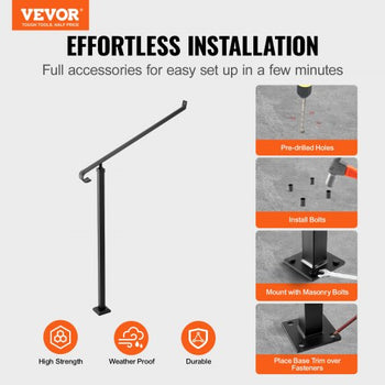 Handrails for Outdoor Steps 1-2 Step Railings Wrought Iron Handrail Stair Railings for Steps Black Iron Railings for Steps Wall and Floor Mounted with Installation Kit