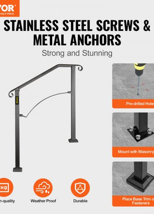 Handrails for Outdoor Steps, Fit 2 or 3 Steps Outdoor Stair Railing, Arch#2 Wrought Iron Handrail, Flexible Porch Railing, Black Transitional Handrails for Concrete Steps or Wooden Stairs