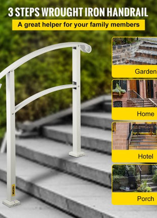 3-Step Handrails for Outdoor Steps Fits 1 or 3 Steps Matte White Stair Rail Wrought Iron Handrail with Installation Kit Hand Rails for Outdoor Step