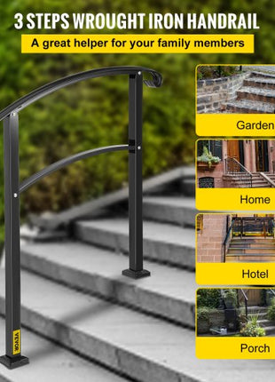 3-Step Transitional Handrail Fits 1 or 3 Steps Matte Stair Rail Wrought Iron Handrail with Installation Kit Hand Rails for Outdoor Steps (Unadjustable) (Black)