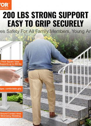 Fit 3 or 4 Steps Outdoor Stair Railing, Handrails for Outdoor Steps, Picket#3 Wrought Iron Handrail, Flexible Porch Railing, White Transitional Handrails for Concrete Steps or Wooden Stairs