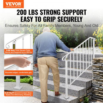 Fit 3 or 4 Steps Outdoor Stair Railing, Handrails for Outdoor Steps, Picket#3 Wrought Iron Handrail, Flexible Porch Railing, White Transitional Handrails for Concrete Steps or Wooden Stairs