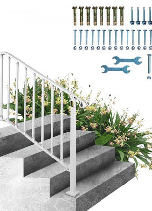 Fit 3 or 4 Steps Outdoor Stair Railing, Handrails for Outdoor Steps, Picket#3 Wrought Iron Handrail, Flexible Porch Railing, White Transitional Handrails for Concrete Steps or Wooden Stairs