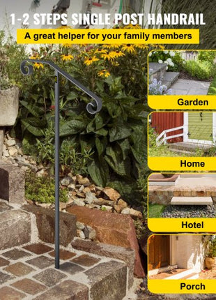 Single Post Handrail Wrought Iron Post Mount Step Grab Supports in Ground Long Post Fits 1 or 2 Steps Grab Rail Single Post Railing (Gray)