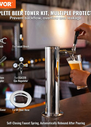 Kegerator Tower Kit, Single Tap Beer Conversion Kit, Stainless Steel Keg Beer Tower Dispenser with Dual Gauge CGA320 Regulator & D-System Keg Coupler, Self-Closing Spring for Party Bar Home