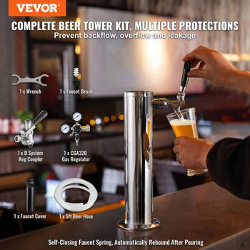 Kegerator Tower Kit, Single Tap Beer Conversion Kit, Stainless Steel Keg Beer Tower Dispenser with Dual Gauge CGA320 Regulator & D-System Keg Coupler, Self-Closing Spring for Party Bar Home