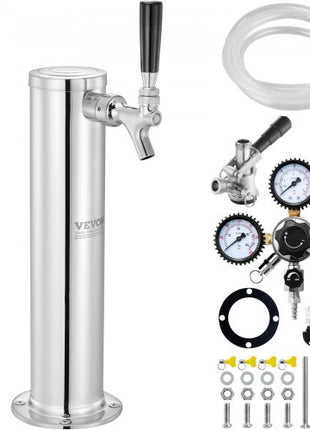 Kegerator Tower Kit, Single Tap Beer Conversion Kit, Stainless Steel Keg Beer Tower Dispenser with Dual Gauge CGA320 Regulator & D-System Keg Coupler, Self-Closing Spring for Party Bar Home