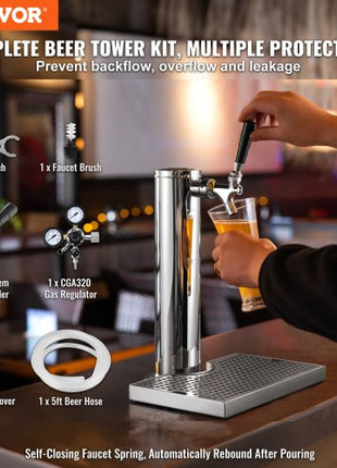 Kegerator Tower Kit, Single Tap Beer Conversion Kit, Stainless Steel Keg Beer Tower Dispenser with Dual Gauge CGA320 Regulator & D-System Keg Coupler, Beer Drip Tray for Party Home