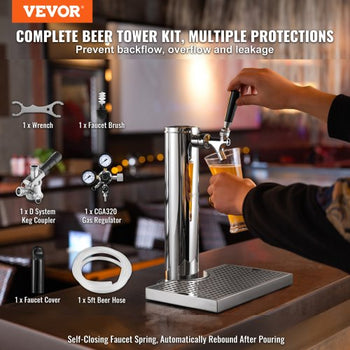 Kegerator Tower Kit, Single Tap Beer Conversion Kit, Stainless Steel Keg Beer Tower Dispenser with Dual Gauge CGA320 Regulator & D-System Keg Coupler, Beer Drip Tray for Party Home