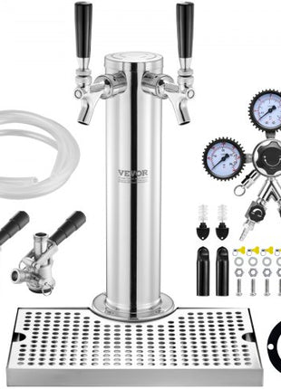 Kegerator Tower Kit, Dual Taps Beer Conversion Kit, Stainless Steel Keg Beer Tower Dispenser with Dual Gauge CGA320 Regulator & D-System Keg Coupler, Beer Drip Tray for Party Home