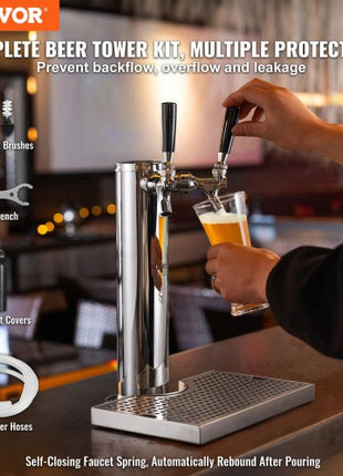 Dual Taps Draft Beer Tower Dispenser, Stainless Steel Keg Beer Tower, Kegerator Tower Kit with Pre-Assembled Tubing and Self-Closing Faucet Shanks for Party, Bar, Pub, Restaurant