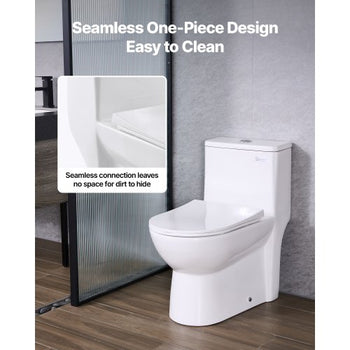 One-Piece Toilet, Elongated Toilet Vortex Dual-Flush 1.1/1.6 GPF, Toilets for Bathroom with Comfortable Chair Seat, Standard Height, Easy-Clean Skirted Design, 12 inch Rough-In, White + Silver