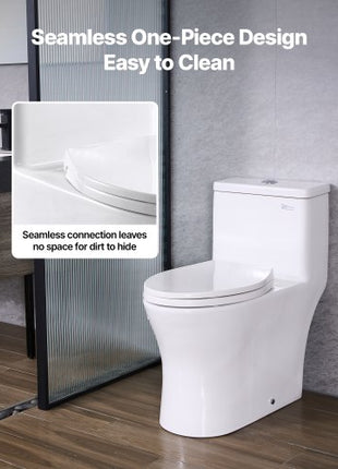 One-Piece Toilet, Elongated Toilet Vortex Dual-Flush 1.0/1.28 GPF, Toilets for Bathroom with Comfortable Chair Seat, Standard Height, Easy-Clean Skirted Design, 12 inch Rough-In, White + Silver