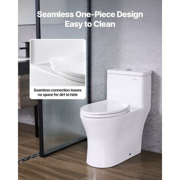 One-Piece Toilet, Elongated Toilet Vortex Dual-Flush 1.0/1.28 GPF, Toilets for Bathroom with Comfortable Chair Seat, Standard Height, Easy-Clean Skirted Design, 12 inch Rough-In, White + Silver