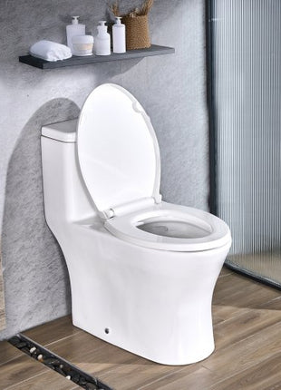 One-Piece Toilet, Elongated Toilet Vortex Dual-Flush 1.0/1.28 GPF, Toilets for Bathroom with Comfortable Chair Seat, Standard Height, Easy-Clean Skirted Design, 12 inch Rough-In, White + Silver