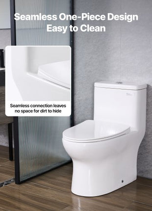 One-Piece Toilet, Elongated Toilet Vortex Dual-Flush 1.0/1.28 GPF, Toilets for Bathroom with Comfortable Chair Seat, Standard Height, 12 inch Rough-In, White + Silver, Easy-Clean Skirted Design