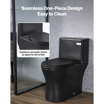 One-Piece Toilet, Elongated Toilet Vortex Dual-Flush 1.0/1.28 GPF, Toilets for Bathroom with Comfortable Chair Seat, Standard Height, Easy-Clean Skirted Design, 12 inch Rough-In, Black + Silver