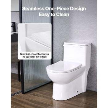 One-Piece Toilet, Elongated Toilet Vortex Left Flush 1.28 GPF, Toilets for Bathroom with Comfortable Chair Seat, Standard Height, Easy-Clean Skirted Design, 12 inch Rough-In, White + Silver