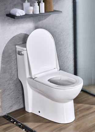 One-Piece Toilet, Elongated Toilet Vortex Left Flush 1.28 GPF, Toilets for Bathroom with Comfortable Chair Seat, Standard Height, Easy-Clean Skirted Design, 12 inch Rough-In, White + Silver