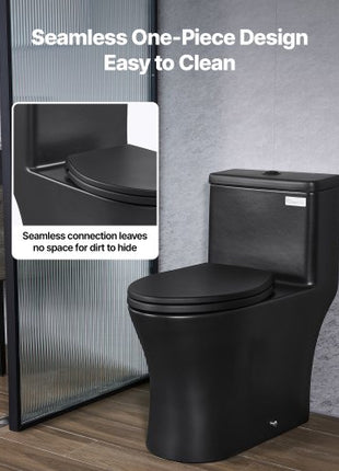 One-Piece Toilet, Elongated Toilet Vortex Dual-Flush 1.0/1.28 GPF, Toilets for Bathroom with Comfortable Chair Seat, Standard Height, Easy-Clean Skirted Design, 12? Rough-In, Matte Black+ Black