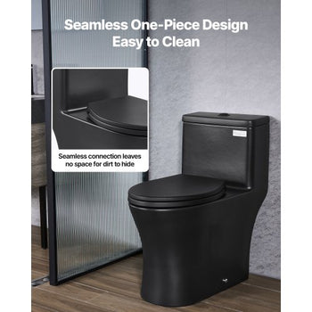 One-Piece Toilet, Elongated Toilet Vortex Dual-Flush 1.0/1.28 GPF, Toilets for Bathroom with Comfortable Chair Seat, Standard Height, Easy-Clean Skirted Design, 12? Rough-In, Matte Black+ Black