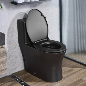 One-Piece Toilet, Elongated Toilet Vortex Dual-Flush 1.0/1.28 GPF, Toilets for Bathroom with Comfortable Chair Seat, Standard Height, Easy-Clean Skirted Design, 12? Rough-In, Matte Black+ Black