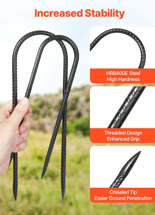 Rebar Stakes, 12-Inch, Heavy-Duty 0.32 in Diameter U Shape, Galvanized Steel Ground Anchors with Chisel Point End & Rust-Resistant Coating, for Gardening Support, Fence, Camping Tents (8-Pack)