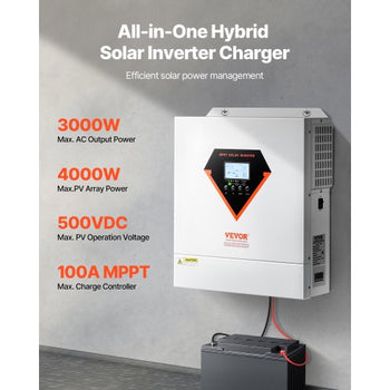 Hybrid Solar Inverter, 3000W, All in One Pure Sine Wave Power Inverter Charger, 24V DC to 110/120V AC, with Built-in 100A MPPT Solar Controller, for Off-Grid System Lead Acid Lithium Battery