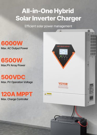 Hybrid Solar Inverter, 6000W, All in One Pure Sine Wave Power Inverter Charger, 48V DC to 220/230V AC, with Built-in 120A MPPT Solar Controller, for Off-Grid System Lead Acid Lithium Battery