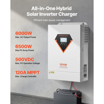 Hybrid Solar Inverter, 6000W, All in One Pure Sine Wave Power Inverter Charger, 48V DC to 220/230V AC, with Built-in 120A MPPT Solar Controller, for Off-Grid System Lead Acid Lithium Battery