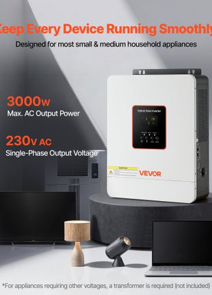 3000W Hybrid Solar Inverter, 24V DC to 230V AC, Pure Sine Wave Power Inverter, Built-in 80A MPPT Solar Controller, Compatible with Lead Acid Lithium Battery, for Home, Camper, Off-Grid