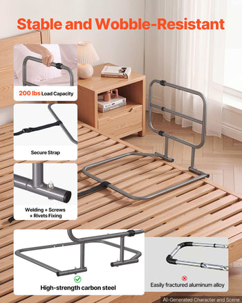 Bed Rails for Elderly Adults 200LBS Capacity Bed Side Assist Rail, High-Strength Steel, L-Shaped Bedside Cane for Seniors, Adjustable Handle Length, Fits King Queen Full Twin Beds