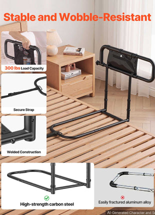 Bed Rails for Elderly Adults Folding Bed Side Assist Rail for Seniors, Length & Height Adjustable, High-Strength Steel Bed Cane with Storage Pocket, Fits King Queen Full Twin Bed, 300LBS Support