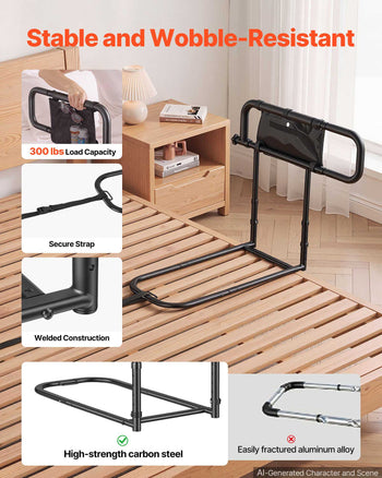 Bed Rails for Elderly Adults Folding Bed Side Assist Rail for Seniors, Length & Height Adjustable, High-Strength Steel Bed Cane with Storage Pocket, Fits King Queen Full Twin Bed, 300LBS Support