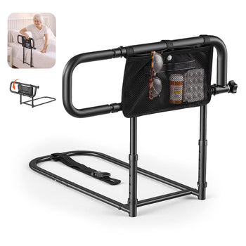 Bed Rails for Elderly Adults Folding Bed Side Assist Rail for Seniors, Length & Height Adjustable, High-Strength Steel Bed Cane with Storage Pocket, Fits King Queen Full Twin Bed, 300LBS Support