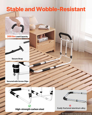 Bed Rails for Elderly Adults 200LBS Loading Bed Side Assist Rail, with Motion Sensor LED Light, Adjustable Height & Length, Non-Slip Handle, High-Strength Steel, Fit King Queen Full Twin Bed