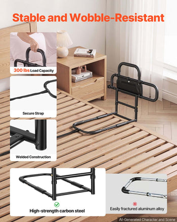 Bed Rail for Elderly Adults Foldable Bedside Assist Rail for Seniors, 300LBS Dual-Handle Support, Adjustable Handle Length, High-Strength Steel, with Storage Pocket, Fit King Queen Full Twin Bed